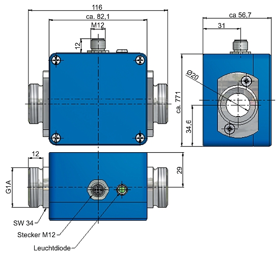 Dimensions du débitmètre d'air électromagnétique VMI 20