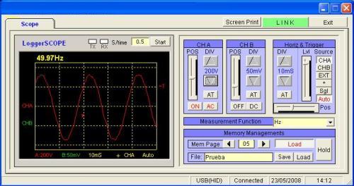 Sur cette image on peut observer la mesure de la fr�quence du R�seau Electrique Espagnol qui est de 50 Hz avec le logiciel de l'oscilloscope. 