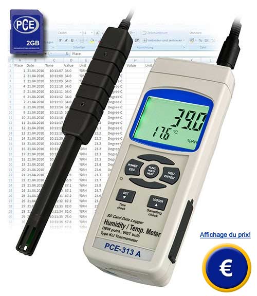 Mesureur pour l'humidité de l'air PCE-313A avec carte de mémoire SD