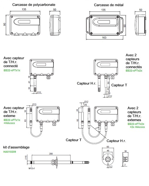 Dimensions du capteur multifonction d'humidit et de temprature EE 22