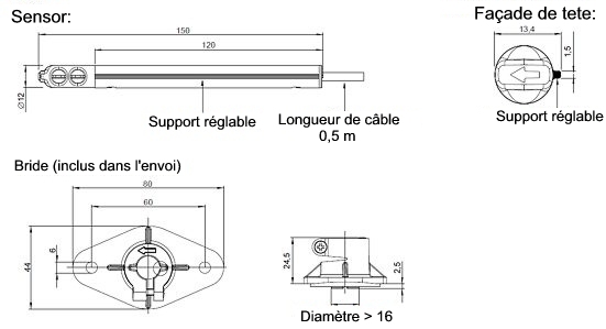 Dimensions du transducteur de vitesse de l'air EE 575