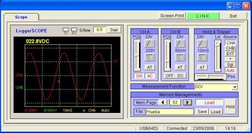 Sur cette autre photo vous pouvez voir la mesure de la tension du Réseau Electrique Espagnol qui est de 230V en AC avec le logiciel des analyseurs de spectre de la série PCE-OC.